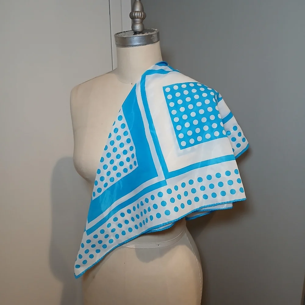Vintage Nashar Freres LTD Baby Blue & White Polka Dot and Square Scarf Kercheif